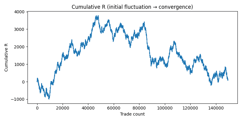 累積損益は初期に大きくブレるが、最終的に平均に引き戻される